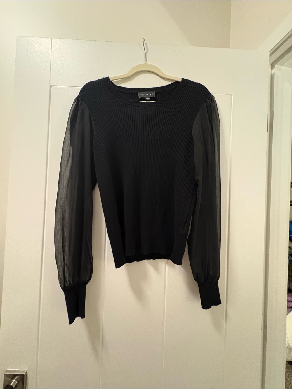 Premise Black Ribbed Sweater with Sheer Puff Sleeves